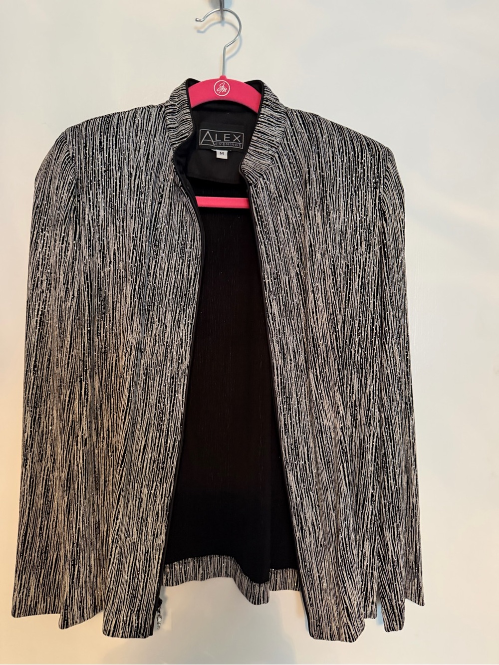 Alex Evenings Sparkling Black & Silver Textured Zip Front Dressy Blazer, Size M